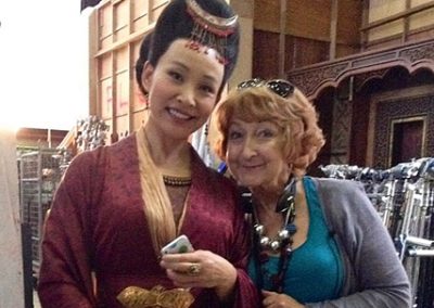 On location on Marco Polo, Pinewood, Malaysia, with Joan Chen who plays Empress Chabi, 2014.