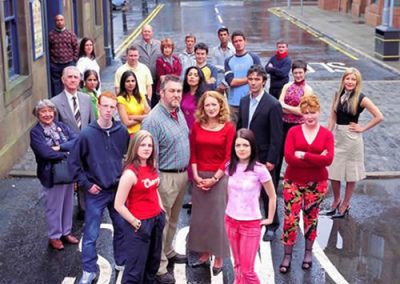 Original cast of River City - the Hendersons at the back, Moira, George and grandson Deek. Son Raymond is the only remaining family member. BBC Scotland.